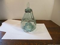 Glass fly catcher standing on wooden surface with stopper and chain attached, highlighting overall shape and size.