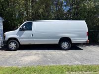 Side profile of white cargo van showing body panels, wheels and bumpers