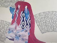 Close-up of the print showing the figure with flowing red hair and Japanese calligraphy in background.