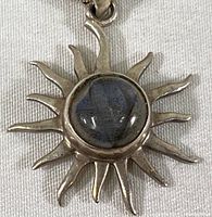 Close-up of sunburst pendant showing the labradorite center stone and silver rays.