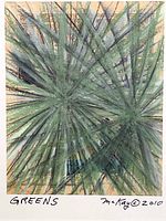 Close-up of the pastel artwork showing green palm leaves over faded newspaper text, signed and dated by McKay.