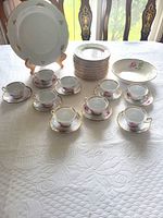 Full set display of 10 demitasse teacups with matching saucers and stack of luncheon plates with floral design.