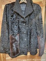 Front view showing textured black Persian lambswool coat with button closure and pelt fur accents on sleeves.