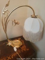 Single lamp on wooden surface showing brass base, gooseneck arm, white silk fringed shade