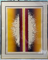 Full view of framed etching titled "Spark" showing abstract symmetrical design with yellow, red, and white colors.
