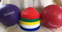Photo shows two large Sportball branded balls (one purple, one red) flanking a stack of multicolored plastic game pylons in red, yellow, green, white, and blue colors.