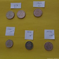 Top view of six Canadian coins placed on a yellow background with labels showing coin denominations and years: three $1 coins (one from 1969 and two from 1978) and three 50-cent coins (1973, 1976, 1981). Coins exhibit some circulation wear and patina.