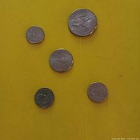 Top-down view of five American coins on yellow background: one dollar (1977), half dollar (2001), quarters (2000, 1970, 2015)