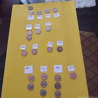 Photo of 19 American dimes arranged on a yellow surface with handwritten date labels indicating years from 1966 to 2007. Coins show signs of circulation with varied wear.
