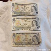 Three vintage Canadian one dollar bills stacked on white cloth, showing serial numbers ECT0392922, GN2234260, ECS1494469. Bills have visible wear and staining.