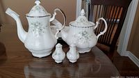 Full set displayed on table showing tea pot, coffee pot, salt and pepper shakers with platters partially visible.