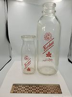 Photo of two clear Bordens glass bottles, small and large, with red printed logo and flower design, on white background with ruler for scale.