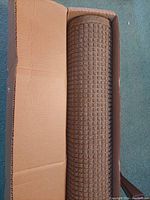 Photo showing the brand new brown water hog mat rolled up inside its original cardboard box on a teal carpet.