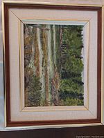 Framed landscape painting showing forested river scene with detailed water and vegetation. Wooden frame with beige fabric matting. Signature by Doris Jones appears on the painting.