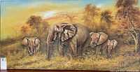 Full view of the canvas painting showing a family of elephants in a natural environment at sunsetscape.
