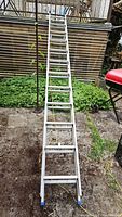 Full length view of the aluminum extension ladder laid out on the ground, showing the ladder's structure and blue feet caps.