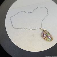 Full view of the abalone pendant on silver-toned chain showing pendant colors and gold-plated border