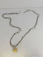 Full view of silver-tone serpentine chain with two-tone heart pendant on a white background