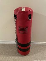 Full view of red Everlast 50 lb heavy bag standing upright on carpeted floor, showing chains and attachment points.