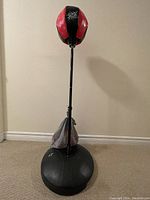 Full view of the sport punching bag mounted on its stand with weighted base and weight bag visible.