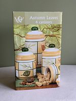 Front view of boxed canister set showing Autumn Leaves design and four ceramic canisters.