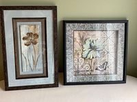 Photo showing two framed floral art pieces side by side on a flat surface.