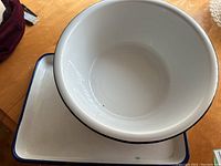 White enamel basin on rectangular tray, shows smooth enamel surface and black rims