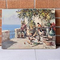 Full view of the vintage oil painting showing outdoor chicken feeding scene, signed by artist.