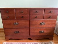Front view of the double dresser showing all six drawers and hardware