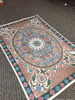 Full view of rectangular rug showing central medallion, border pattern and overall color scheme.