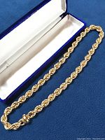 Full view of 20" rope chain inside presentation box on blue background