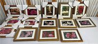 Photo showing 12 ornately framed flower prints laid out, each about 11.5 x 9.5 inches, with protective corner pads on the frames.