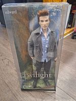 Front view of the Edward Cullen Twilight Barbie Doll in its original box showing character and packaging details.