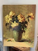 Full view of the painting showing the vase with yellow and orange flowers