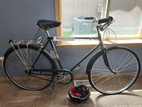 Full side view of Sears 3-speed men's bicycle with Shinmax helmet on the floor nearby.