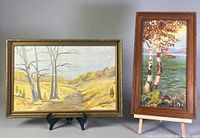 Both paintings shown side by side. The W. Armstrong landscape with bare trees and path on the left, E.A. Adams Muskoka Lake birch trees by water on the right