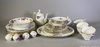 Full set of Melba bone china dishes showing all pieces arranged together including plates, cups, serving dishes, and shakers.
