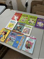 Overview of all ten books laid out on a table, showing the front covers, featuring Nate the Great, Judy Blume, Bad Kitty, Babysitters Club, and others.