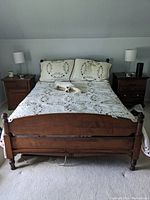 Full view of the bed showing headboard, footboard, and bed frame with bedding and a cat lying on the bed.