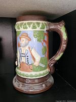 Photo of ceramic decorative mug with green foliage design and a lumberjack figure