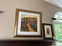 Country road landscape print, signed, framed in gold-toned frame with white matting