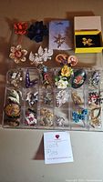 Full assortment of pins and brooches laid out in tray and on table showing variety of styles, colors, and sizes