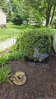 Wide shot of yard with resin snake on mulch in foreground, metal welcome sign with butterfly close behind it, and landscaping visible beyond.