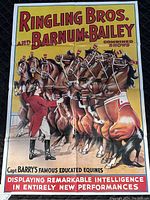 Vintage Ringling Bros. and Barnum & Bailey circus poster with depiction of horses and ringmaster, yellow background, advertising Capt. Barry's Famous Educated Equines.