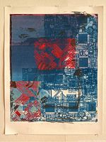 Main photo of colorful modern abstract print 'Back and Forth' showing circuit board pattern in blue and red colors with some black brushstroke accents.