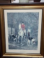 Full view of the framed horse print showing the hunting scene with rider and dogs.