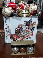 Box containing 7 vintage homemade jeweled Christmas ball ornaments in red, white, cream with beads and rhinestones