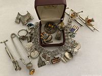 Full lot arranged on white background showing bracelet, charms, pins, ring and tie clip