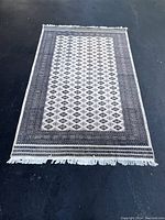 Overall view of rug laid flat showing full pattern and fringed ends