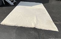 Full view of ivory wool area rug laid flat showing fringe and embossed pattern